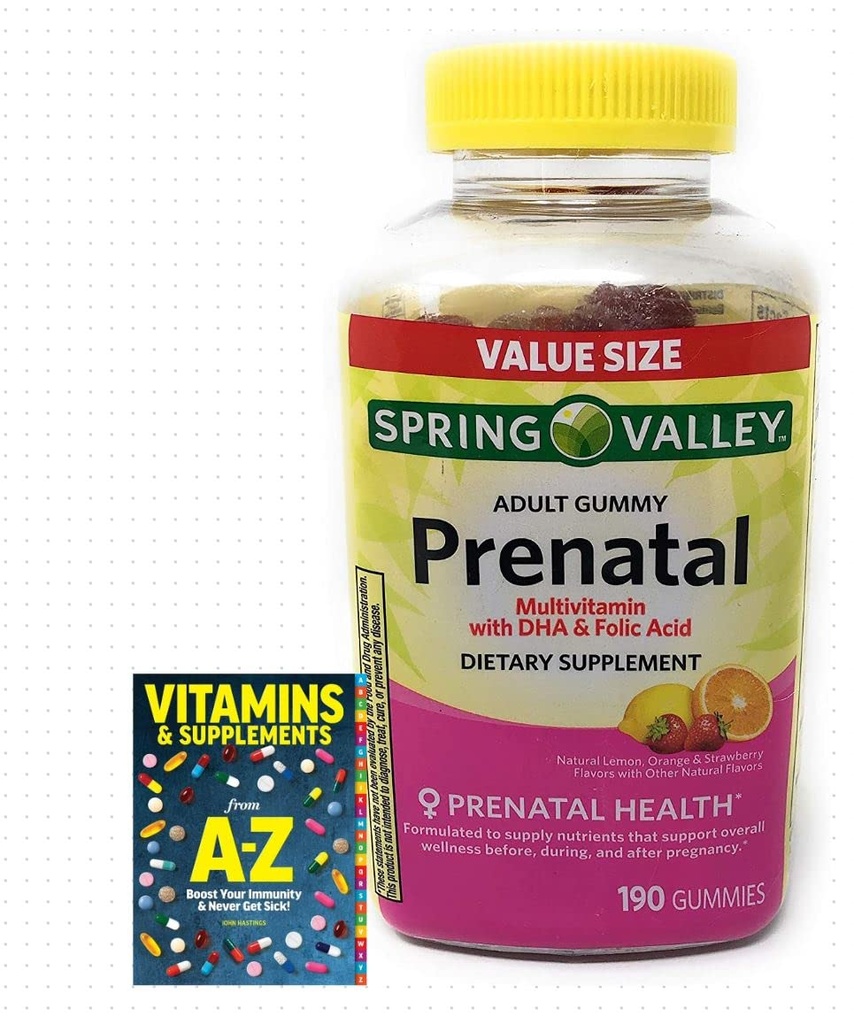 Spring Valley Dewasa Kesehatan Prenatal Multivitamin DHA & Folic Acid, Fruit, 190 Gummies + Better Guide Vitamin Suplemen Book