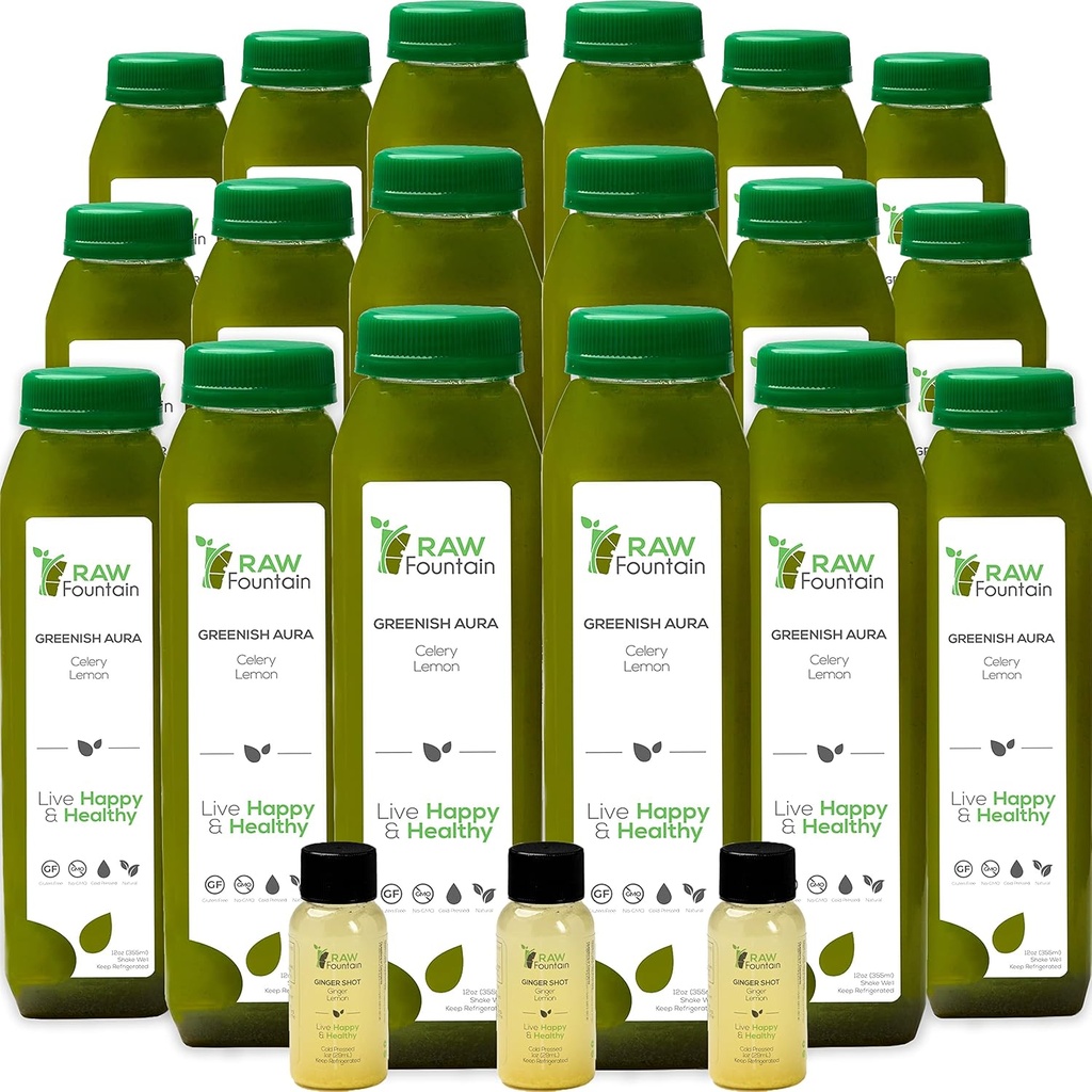 Celery Juice Cleanse by Raw Fountain, All Natural Raw, Cold Pressed Juice, Morning Detox Cleanse, 30 Bottles 12oz, 5 Bonus Ginger Shots
