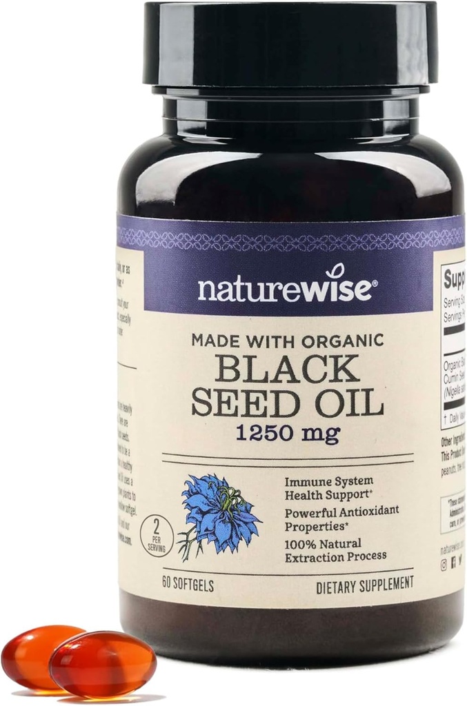 Naturrewise Black Seed Oil Softgeels 1250 mg - dengan 100% Organic Cold Menekan Nigella Sativa - Omega 3 6 9 - Antioksidant Immune Dukungan, Rambut & Skin - NON-GMO, Gluten- Free - 60 Softgels [Persediaan Bulan 1]