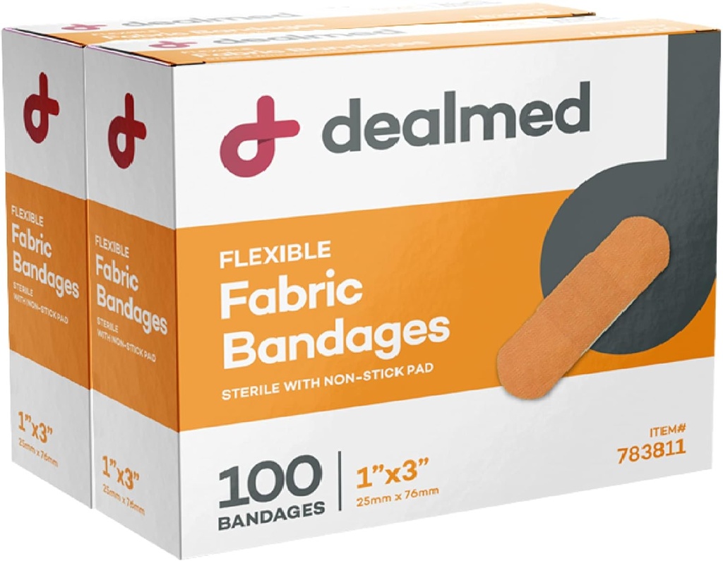 Dealmed Sterile Flexible Fabric Adhesive Bandages - 1x3 Inch - 100 / Box - 2 Box - Breathable Aid Strip Pertama Pack - Soft Stretch Weund Patch untuk Medical, Kits & Clinic