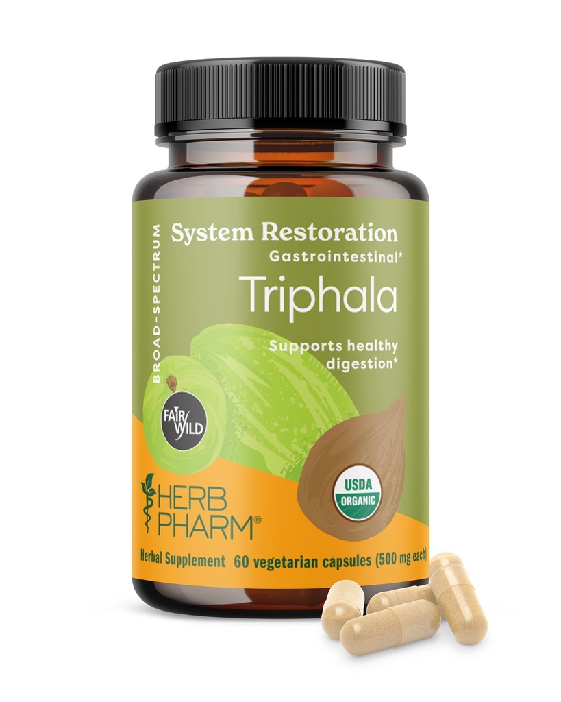 Herb Pharm USDA Organic Triphala Capsules 124; Cleansing & Detoksifikasi Dukungan Kesehatan & Digetical dengan Amla, Haritaki & Bibhitaki, FAIRWILD ® Serated 124; 60 Vegan Capsules, Sampai 30 Hari Supply *