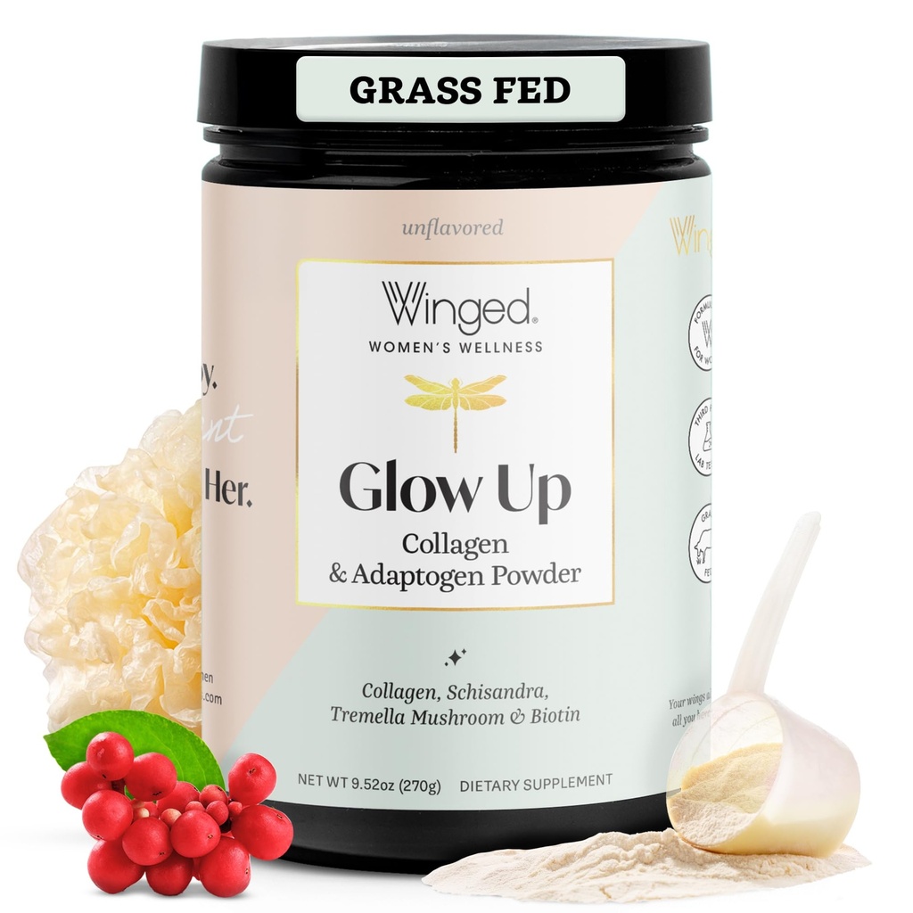 Winged Wellness Glow Up, Powder Collagen for Women - Rambut, Skin & Nails Beauty Suplement dengan Grass- Fed Hydrolyzed Collagen Peptides Adaptogens, Vitamin C & Biotin - 25 Servings, Unflashing