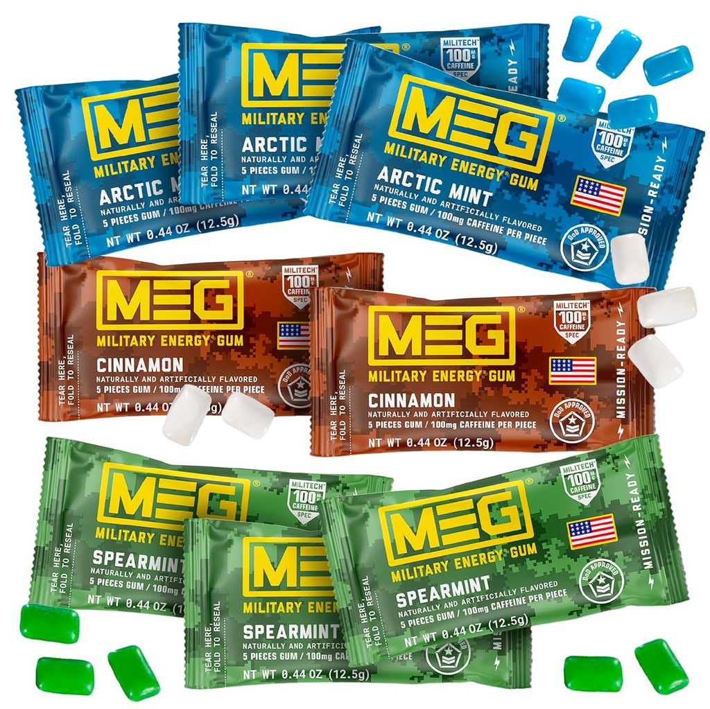 MEG - Gum Energi Militer 124; 100mg Caffeine Per Piece + Increase Energy + Boost Fisik Performance + Multi Flavors of Norctic Mint, Spearmint, & Cinnamon + 8 Packs (40 Count)