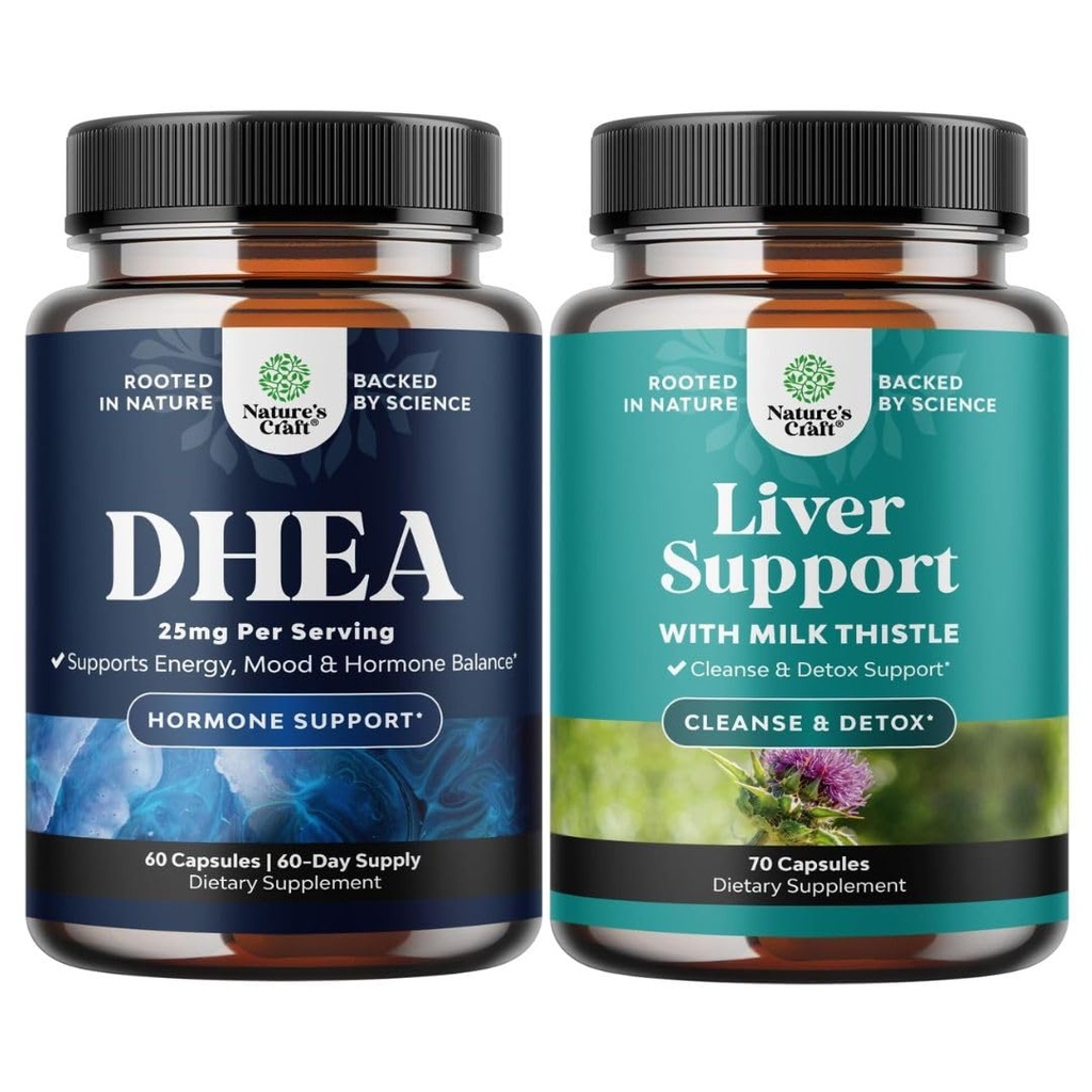Bundle of DHEA Support for Women & Men - Pure DHEA 25mg for Hormone Saldo - Dehydroelandrosterone and Liver Cleanse Detox & Repair - Supplemen Milk Thistle for Dibuffry & Immune Health