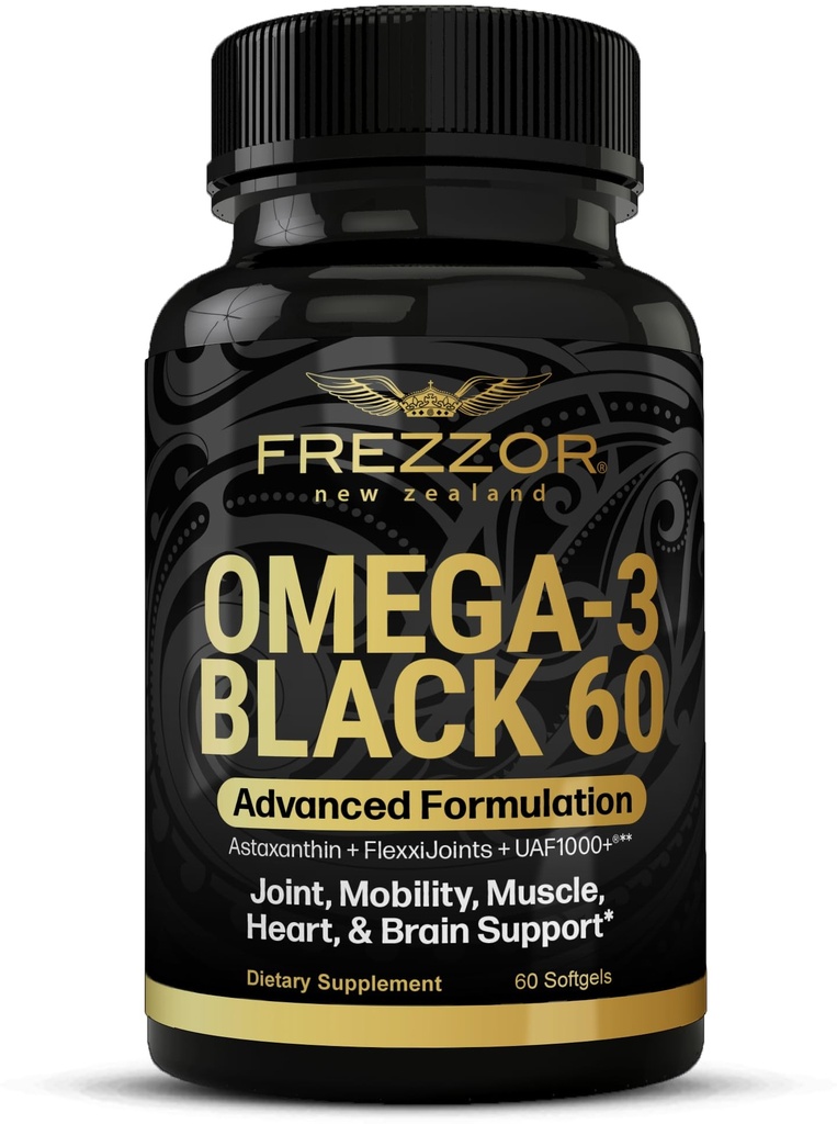 FREZZOR Omega 3 Black for Joint Care & Comfort - New Zealand Green Lipped Mussel Oil Capsules; 53x Higher Potency with UAF1000 + Super Antioksidant, No Fishy Aftertaste, 1 - Pack, 60 Softgels