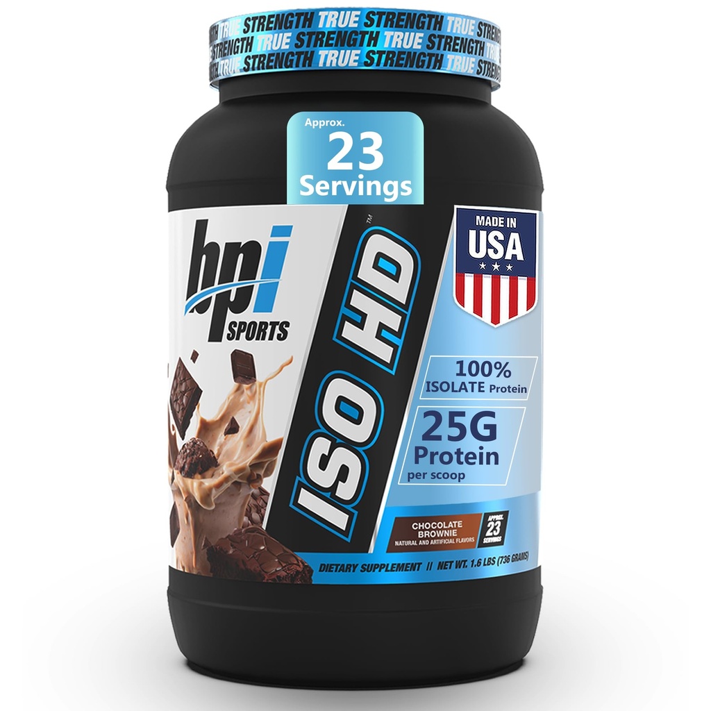 BPI Olahraga ISO HD Isolat Powder Protein - 100% whey Isolasi, Powder Protein untuk Muscle Gain - Chocolate Brownie - 1.6 Lb - 23 Servis