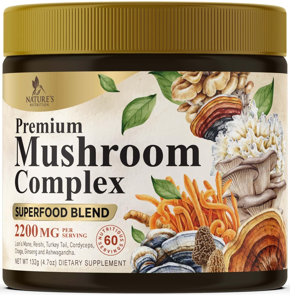 Mushroom Powder Suplemen 2200mg - 11 di 1 Kompleks Formula Powder dengan Organik Lions Mane, Reishi, Cordyceps, Chaga, Turkey Tail Mushroom Extract Suplement for Memory & Brain Support - 60 Servis