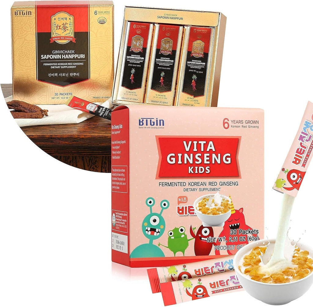 Saponin Hanpuri Immune dan Stamina Boost + VITA Ginseng Kid Dukungan dan Fungsi Ingatan untuk Anak Premium Bundle