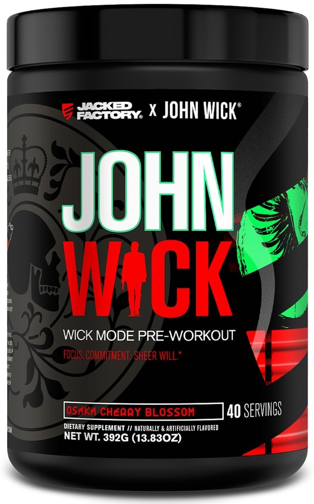 Jacked Factory X John Wick - Wick Mode Pre Workout Powder - Intense Energy, Battle- Ready Focus, Unstopment, and Sheer Will - 40 Servings, Osaka Cherry Blossom