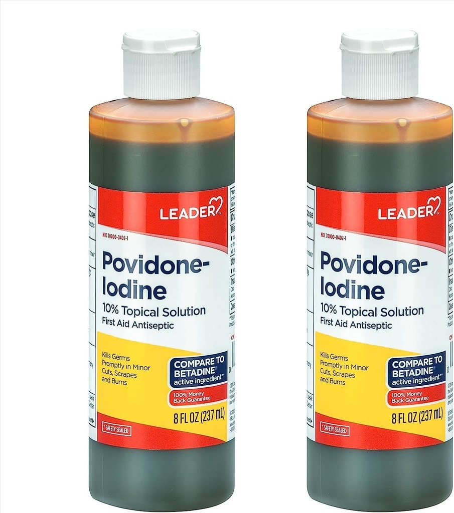 Pemimpin Povidone Iodin 10% Prep Solution USP, Aid Antiseptic Wound Cleanser, Wound Wash, Antiseptic Soap (8 Fl Oz, Paket 2)