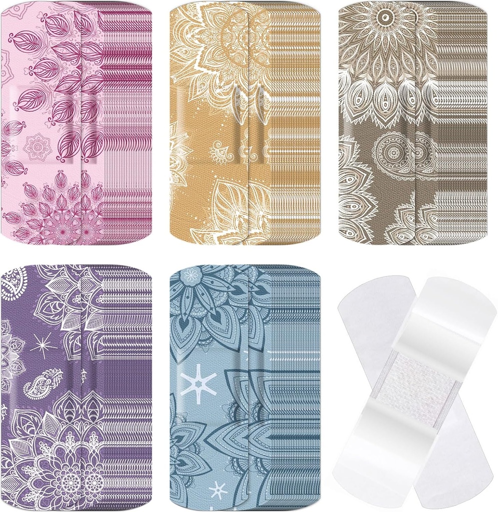 120 Pcs Fabric Adhesive Flexiable Bandages Bulk Berwujud Bentuk dan Pola Kecil Berwarna Cantik Perban dengan Non Stick Pad 3 x 1 Inch untuk Cuts Weund Scrapes Women (Mandala)