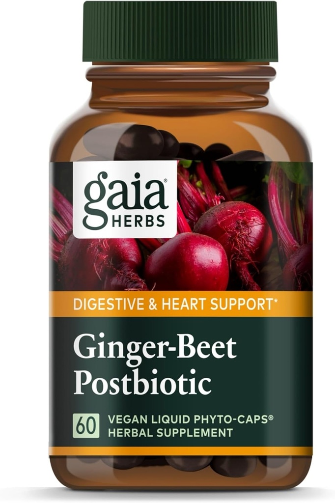 Gaia Herbs Ginger- Beet Postbiotic - Tambahan untuk Gut & Heart Health Support - Dibuat dengan Organic Fermentasi Beets & Ginger - Bebas dari Dairy, Soy & Gluten - 60 Vegan Capsules (30 Pelayan)