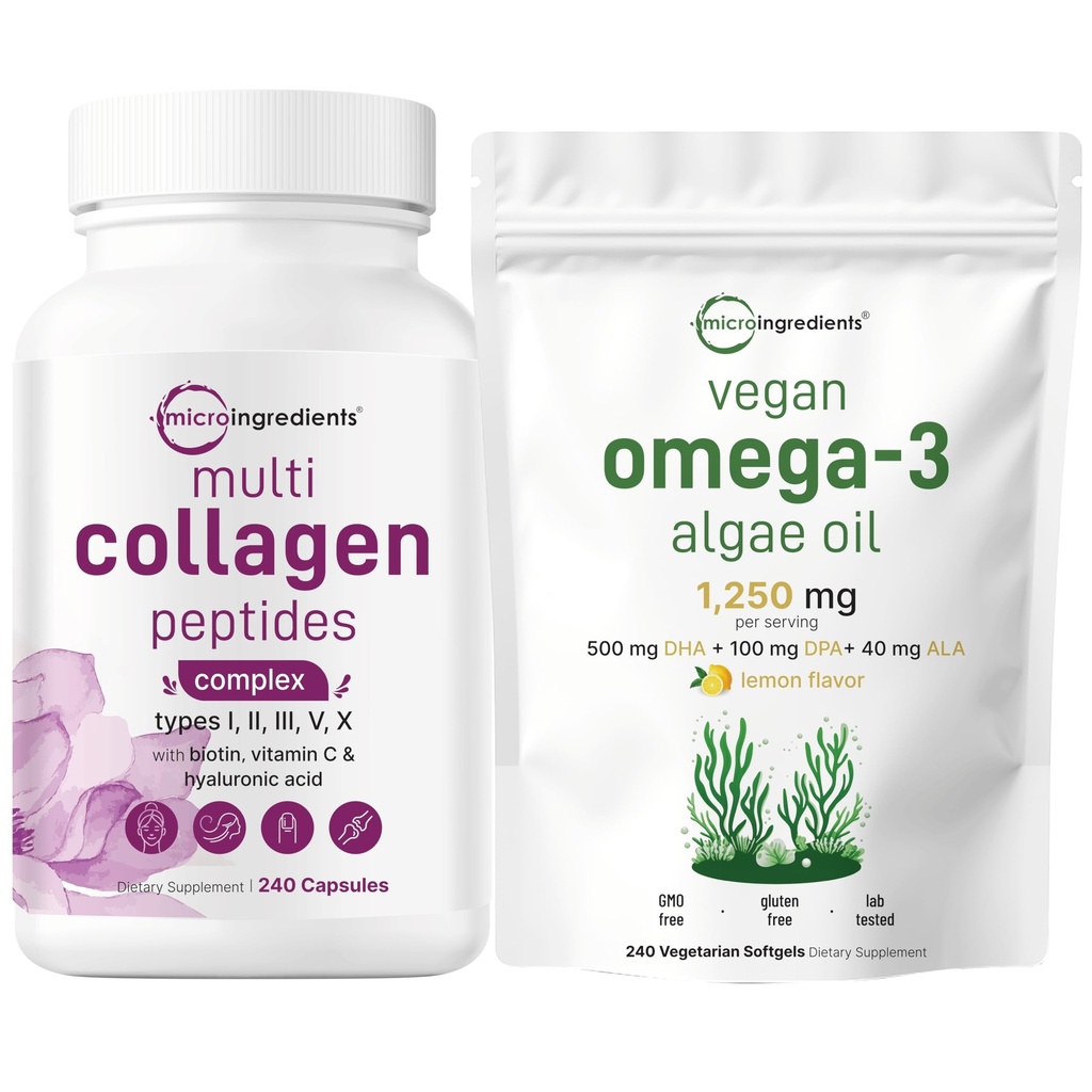 Micro Ingrediens Multi Collagen Complex & Vegan Omega 3 Algae Oil Bundle 2 Pack 24; Grass-Feed Collagen Peptides 124; Omega-3 Full Spectrum Alternatif untuk Minyak Ikan