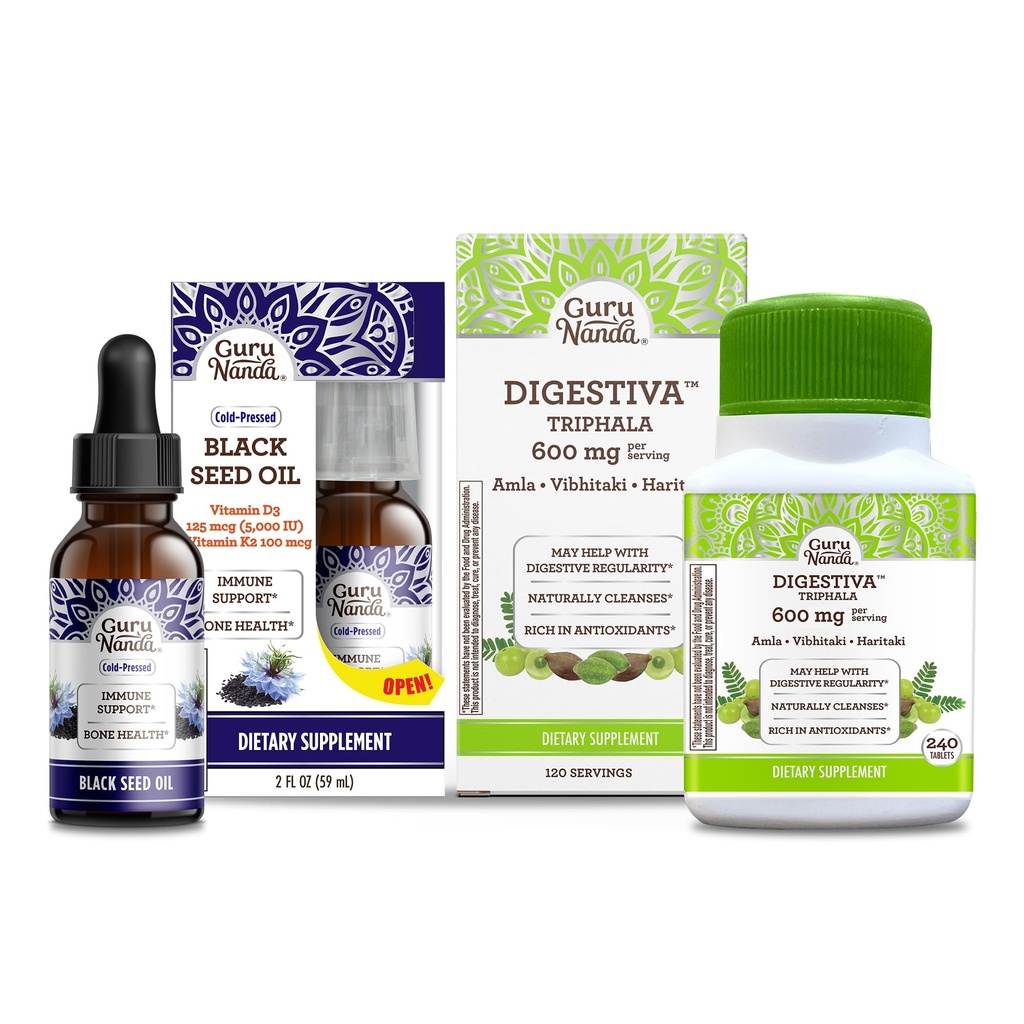 GuruNanda Black Seed Oil, Cold- Menekan Nigella Sativa - Rich in Vitamin D3 5000 Units & Digestiva Triphala (240 Tablet), Pendukung Diatles, Membantu Bloating
