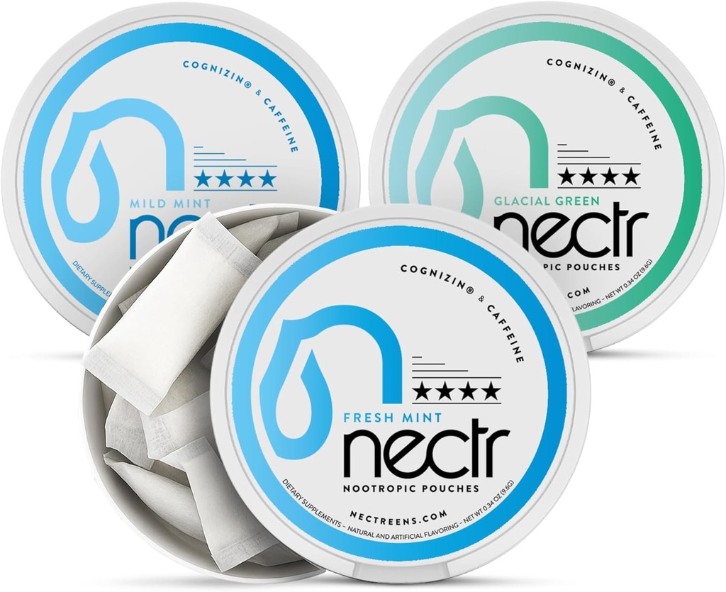 Nectr Energy Nootropic Pouches Mint Mix - Caffeine Pouches dengan Cognizin Citicoline. 3 Flavors, Mild dan Fresh Mint, dan Glacial Green. Sugar-Free, Nicotine Free Calm & Energy Suplement