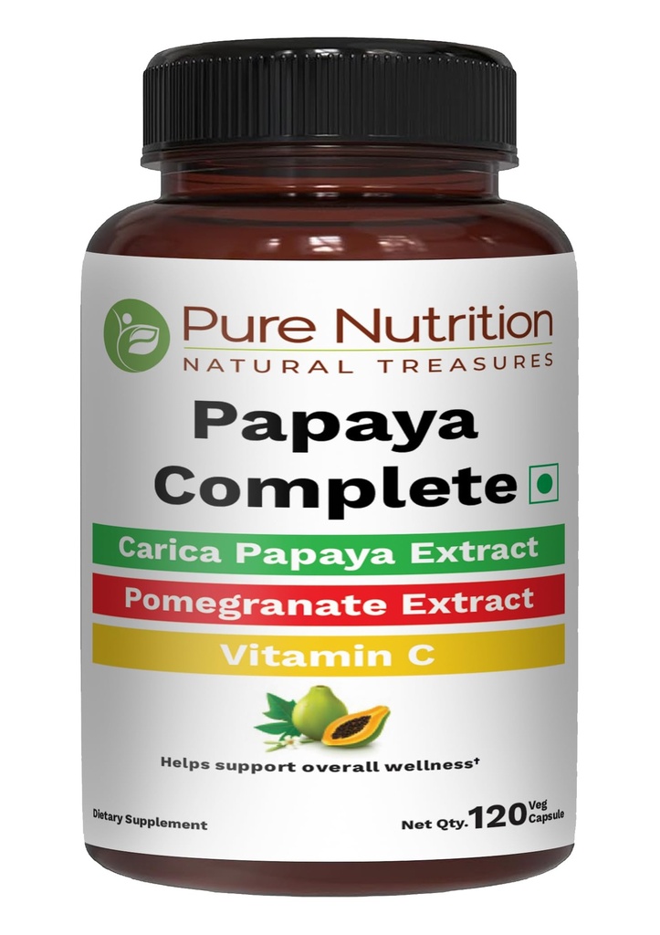 Papaya Nutrition Pure Complete A & Folic Accid 124; 120 Caps 124; Carica Papiya Extract with Iron, VIT C, VIT A & Folic Accid 124; Supports Litionity & Ditraffic Ness-GMO 124- Free