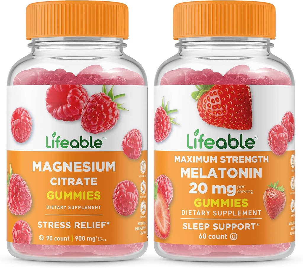 Lifeable Magnesium + Melonatin 20mg, Gummies Bundle - Great Tasting, Vitamin Suplement, Gluten Free, GMO Free, Chewable Gummy