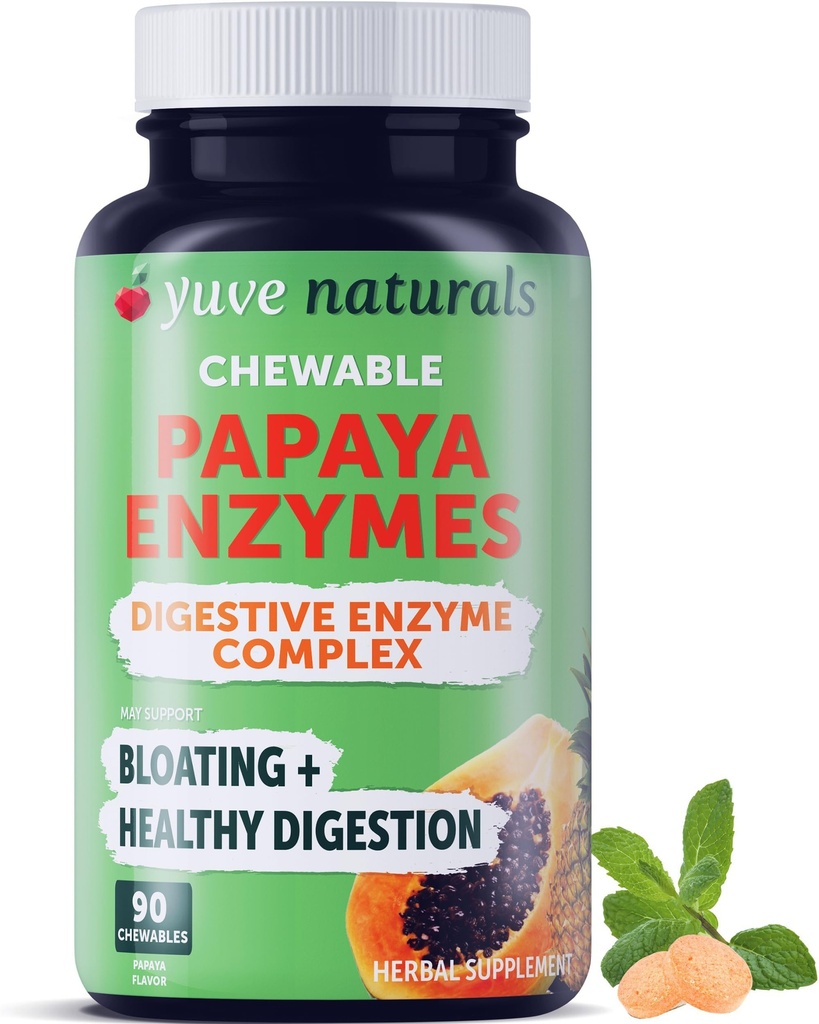 Yuve Natural Papaya Digetical Enzymes - Sugar-Free Chewable Candies - Promotes Better Ditraffic - Constipation & Bloating Aid, Detox, Leaky Gut Relief & Gas - Vegan, Non-GMO, Gluten- Free - 90ct