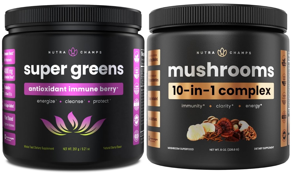 NutraChamps Super Greens Antioksidant & Super Jamur: Ultimate Brain, Gut & Boost Boost