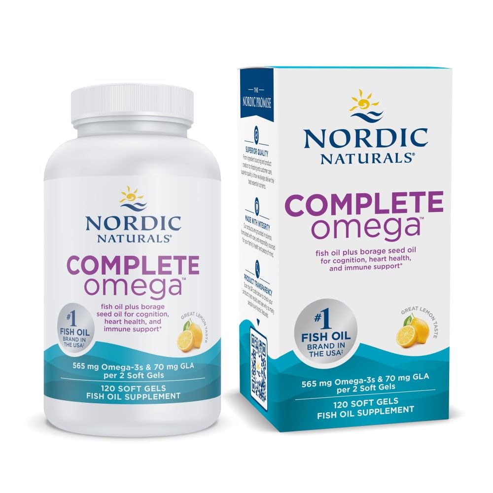 Nordic Complete Omega, Lemon Flavor - 120 Soft Gels - 565 mg Omega-3 - EPA & DHA dengan Added GLA - Sehat Skin, Cognition, Positive Mood - Non-GMO - 60 Servings