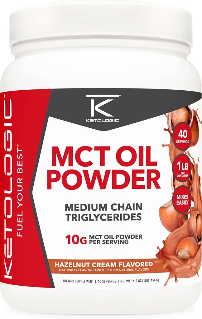 Ketologic MCT Oil Powder Hazelnut Cream (1 LB) - Keto Coffee Creamer & Energy - 41 Servings of Medium Chain Triglycerides for Focus & Fuel