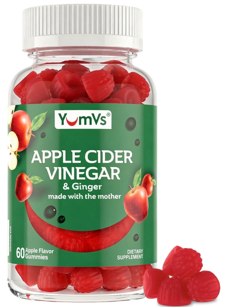 Yum-V 'S Apple Ciegar Gummies - ACV Gummies dengan Ginger & The Mother - Support Metabolisme, Vitalitas & Daily Wellness - Natural Apple Flavor Vegan, Non- GMO, Gluten- Free, Cider Gummy - 60 Count