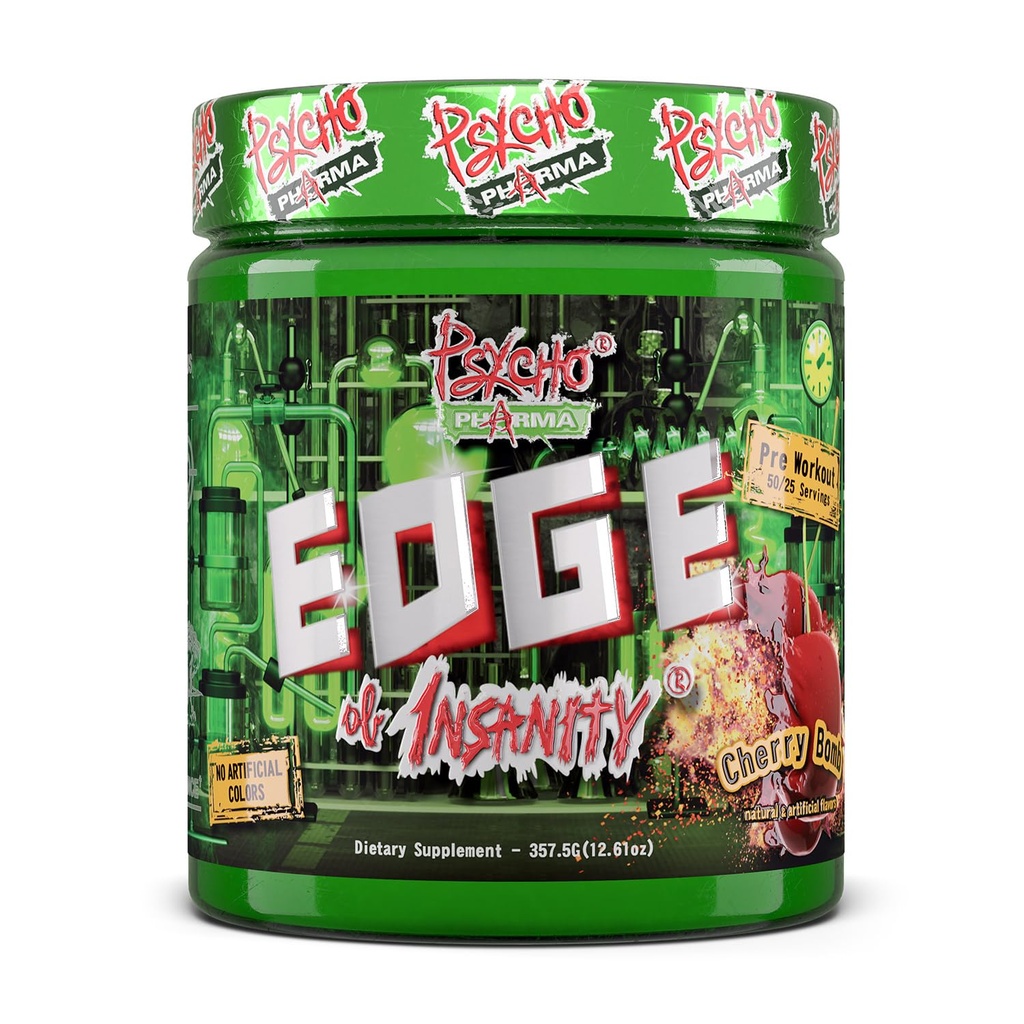 Psycho Pharma Strongest High Stim Pretraining Powder - Edge of Insanity - Suplemen Pra Workout Paling Intense untuk Pumps, Power, Energy and Feel Good Focus. The Rival Famous PWOs of The Past