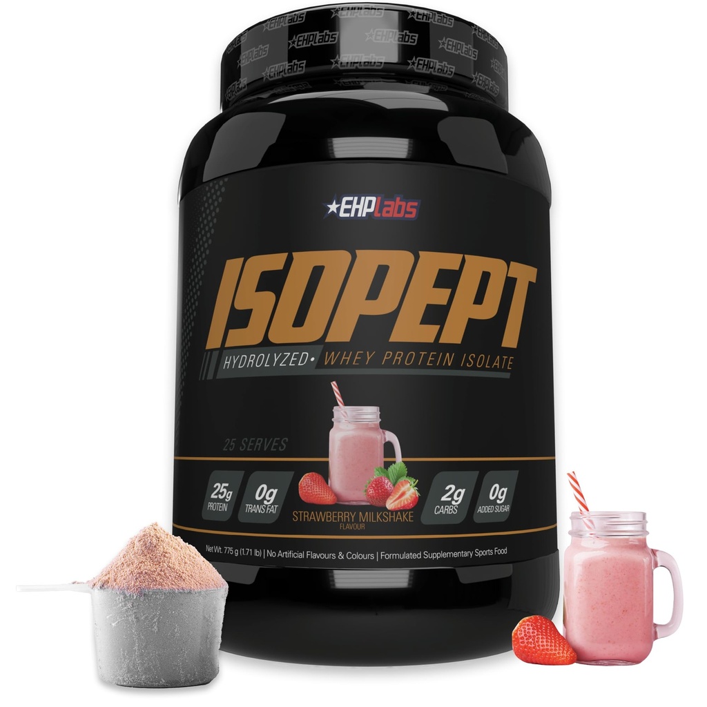 Isopept Hydrolyzed Whey Protein Powder by EHPlabs - 100% Whey Protein Isolate & Hydrolysate, 27g of Protein, Non-GMO, Gluten Free, Fast Absorbing, Easy Digesting, 27 Serves (Strawberry Milkshake)