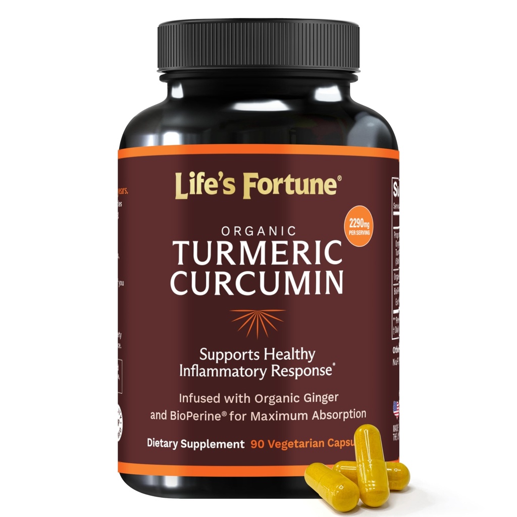 "Fortune Organic Turmeric Curcumin" dengan "Black Pepper" dan Ginger, "Enhanced Absorpsi", "Extra Strength Suplement", Gabungan & Imune Dukung, Non-GMO, 90 Cap "- 2250mg