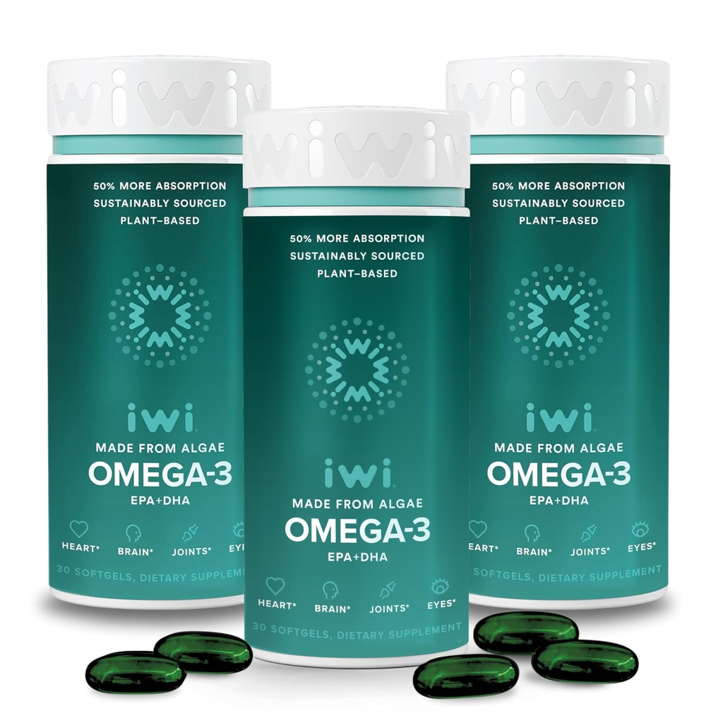 Iwi Omega-3, 90 Softgeels (90 Pelayan), Vegan Plant - berbasis Algae Omega 3 dengan EPA + DHA, Whole-Body Dukungan Tambahan Diet, Krill & Fish Oil Alternatif, Tidak Ada Fishy Aftertaste
