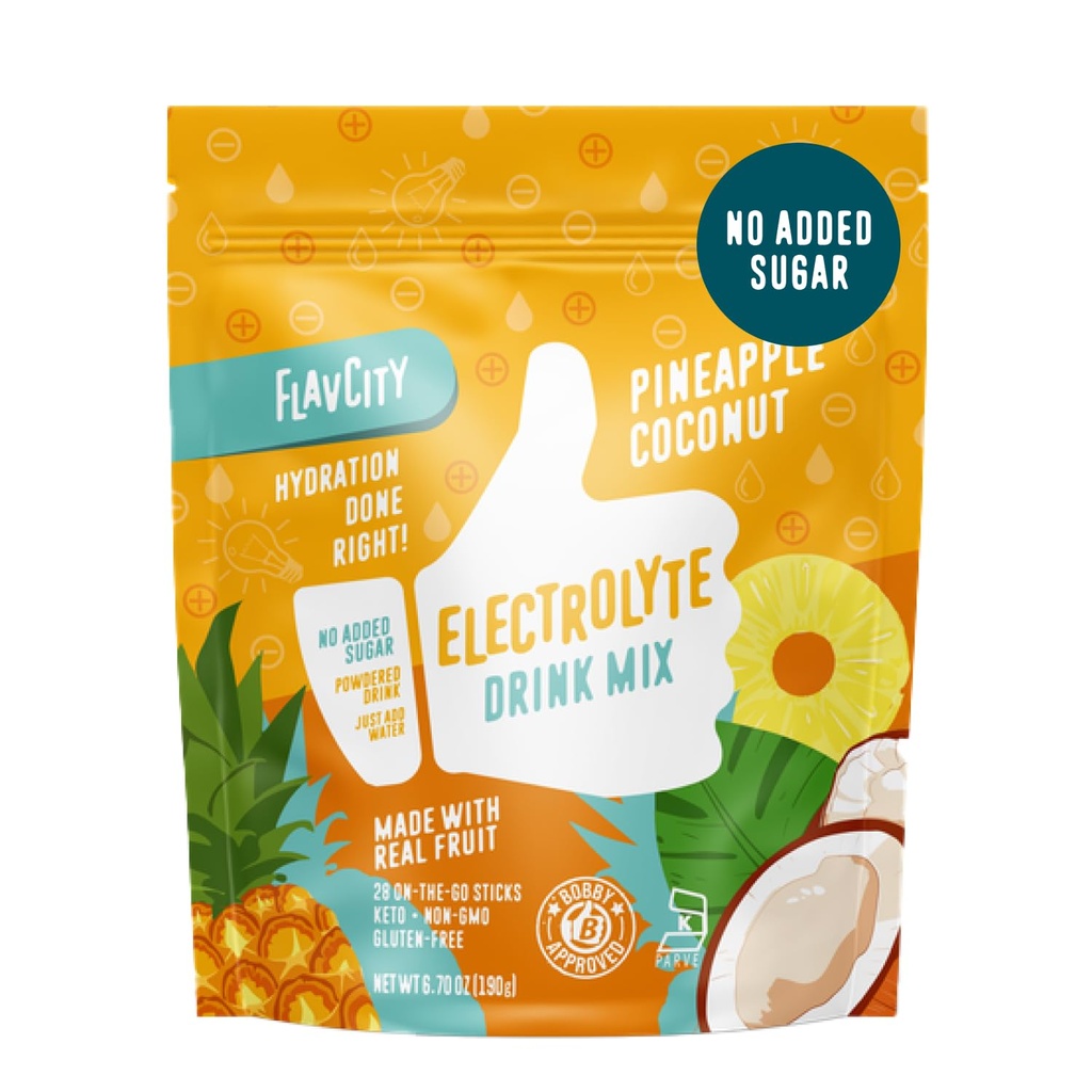 FlavCity Pineapple Coconut Electrolytes Powder Pawkers - 28 Paket Hidration - Tanpa Gula - Poader Hidration dengan Real Fruit & Unfure Sea Salt - Keto & Gluten- Free (28 Stick Packs)