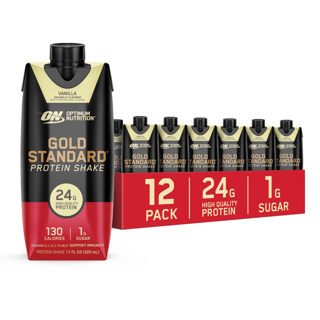 Optimum Nutrition Gold Standard Protein Shake, 24g Protein Shake, Gluten Free, Vitamin C untuk Dukungan Imune, Vanilla, 11 Fl Oz, 12 Count (Packaging May Wary)