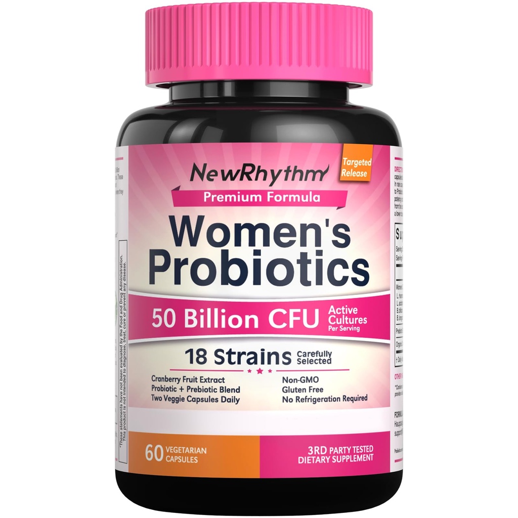 NewRhythm Women Progories, Organic Cranberry for Women 's Vaginal Health, 50 Milyar CFU 18 Strains, Progories dan Pregren, Dukung Kesehatan Digetical, 60 Vegan Capsules
