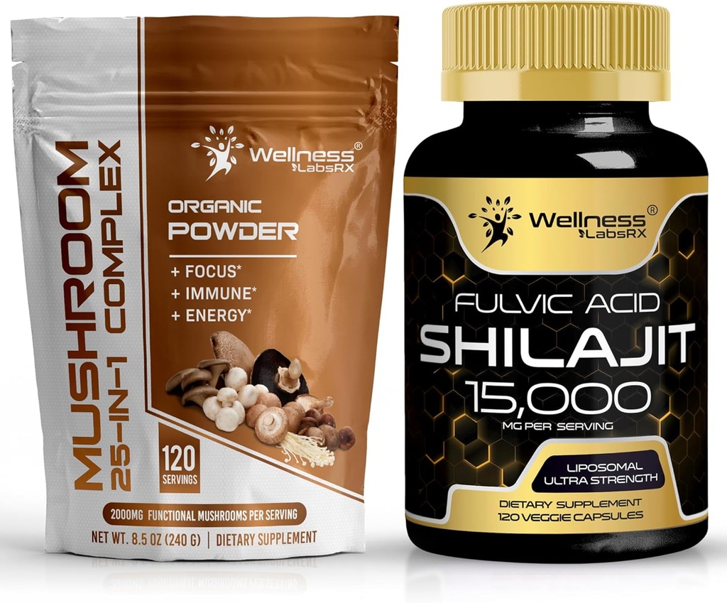 WELLNESS LABSRX Mushroom Powder 2000mg - Shilajit Pure Himalaya 15,000mg Capsules