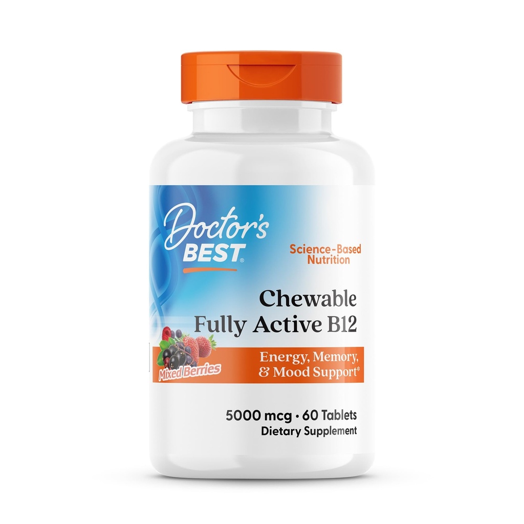 Dokter 's Best Chewable Fully Active Metil B12, Methylcobalamin, Energy, Memory, & Mood Dukung, Non-GMO, Gluten Free, Soy Free, Vegan 60 tablet
