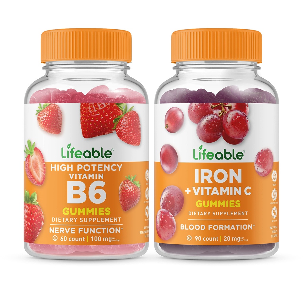 Lifeable Vitamin B6 + Iron with Vitamin C, Gummies Bundle - Great Tasting, Vitamin Suplemen, Gluten Free, GMO Free, Chewable