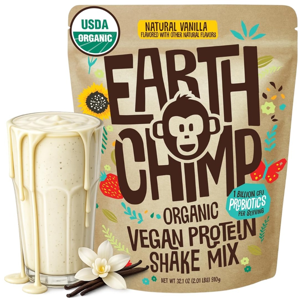 EarthChimp Organic Vegan Powder - dengan Prograsi- Non GMO, Dairy Free, Non Whey, Tanaman berbasis Protein Poader untuk Perempuan dan Pria, Gluten Free - 26 Oz (vanilla)