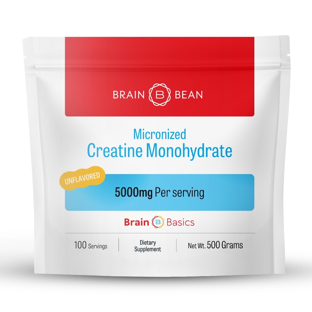 Otak Bean 500mg Unflashored Micronized Creatine Monohydder Powder Membantu Boost Energy for Brain Health - Non-GMO, Gluten- Free Creatine Powder Supports Muscle Health (Dibuat di USA)