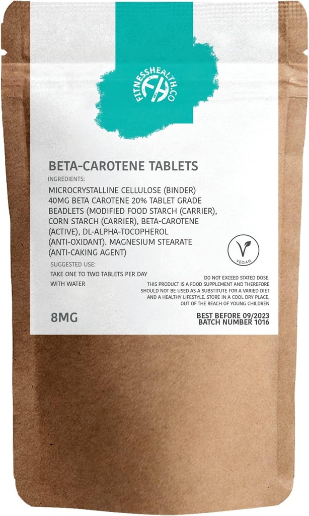 Fitness Health Beta- Carotene 8MG 120 Tablet - Source of Vitamin A - Healthy Skin & Resistant System - Tanning Accelerator - Gluten & GMO- Free