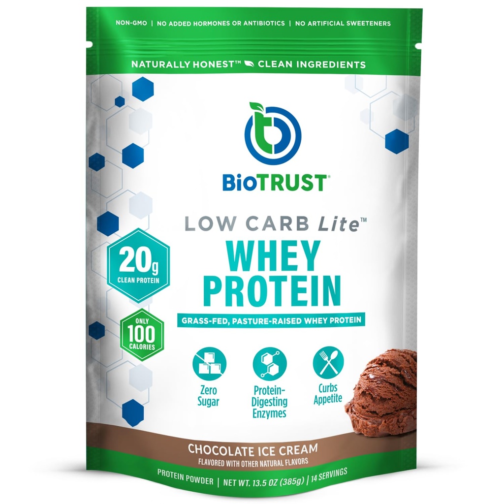 BioTrust Lower Carb Lite, 20 Grams of Grass-Fed Whey Protein Isolate, 100 Calories, ProHydrolase Digelase Enzymes, Non-GMO, Free from Soy and Gluten, rBGHT-Free (Chocolate Ice Cream)