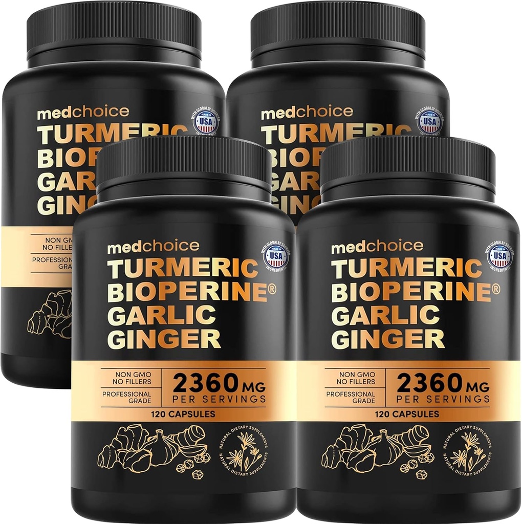 4 -1 Turmeric dan Bawang Putih Suplemen dengan BioPerine - 2360mg Turmeric Ginger Root Capsules dengan Bawang - Tinggi Potensi Herbal Blend (120 ct, Pack of 4)