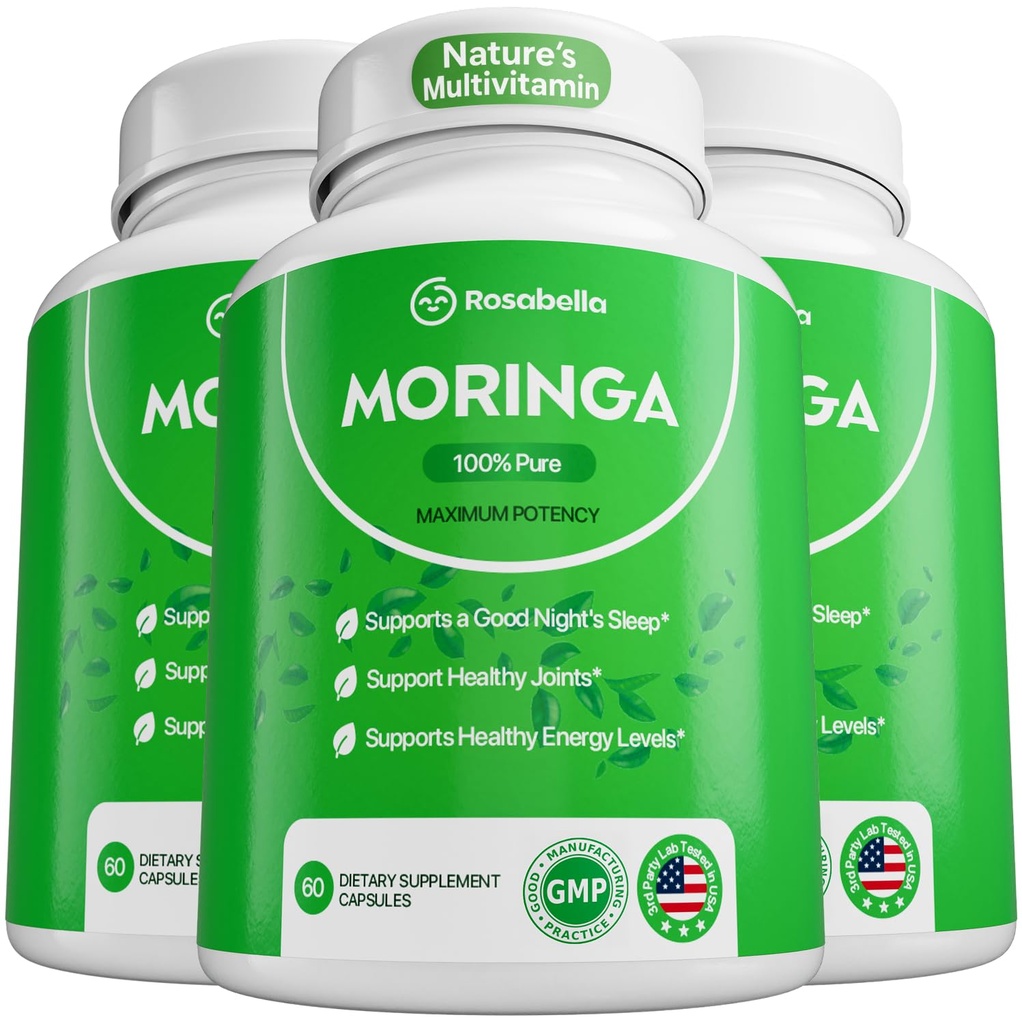 Rosabella Moringa Capsules - Pure Moringa Powder, Energy, Skin, Ammune & Gut Health Superfood, Rich in Antioksidants, Estivens & Amino Acids, Natural Green Superfood Suplemen - 180 Count