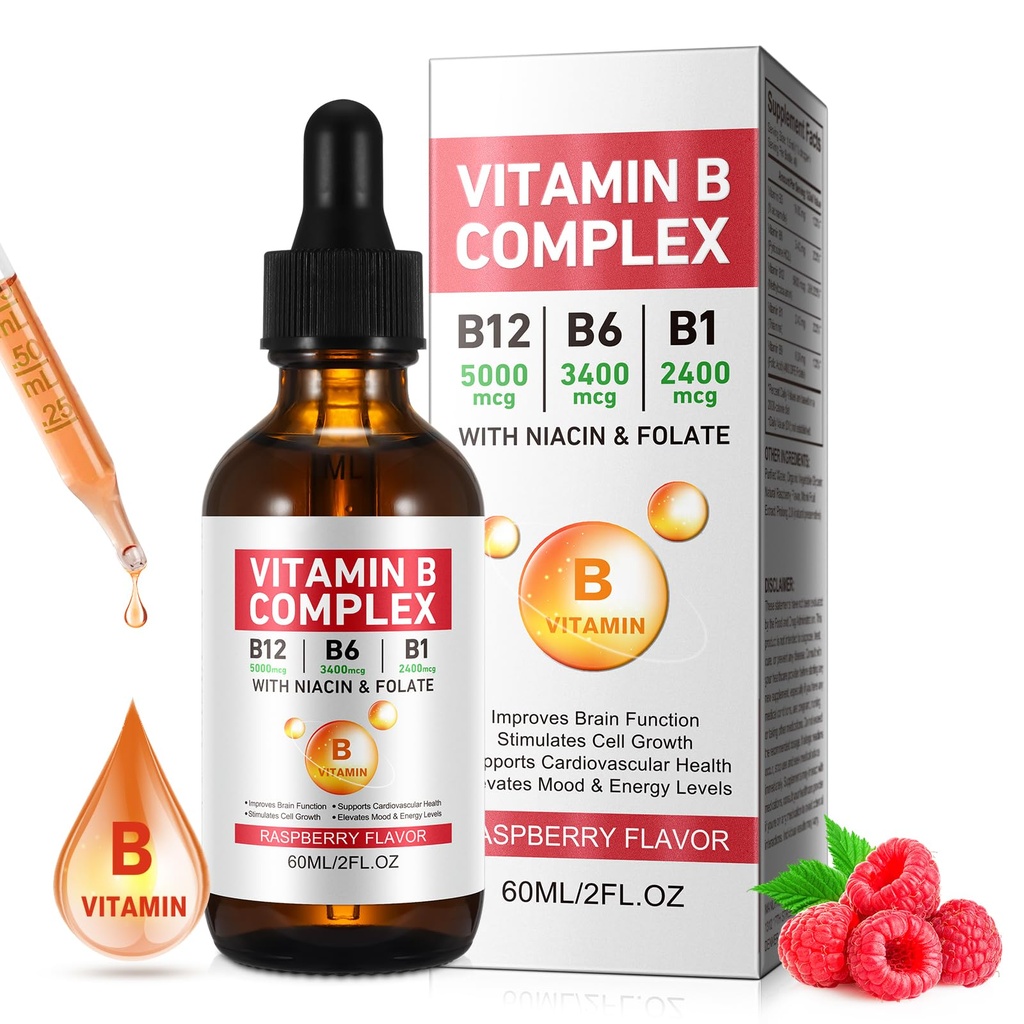 Liquid Vitamin B Complex, Vegan Vitamin B12 Liquid Drops 126; B12 Methylcobalamin 124; B1 Thiamine 124; B6 Pyridoxine 124; Folic 124; Niacin - B Complex Liquid Drops, Dukung Energy, Brain & Heart, 40 Servis