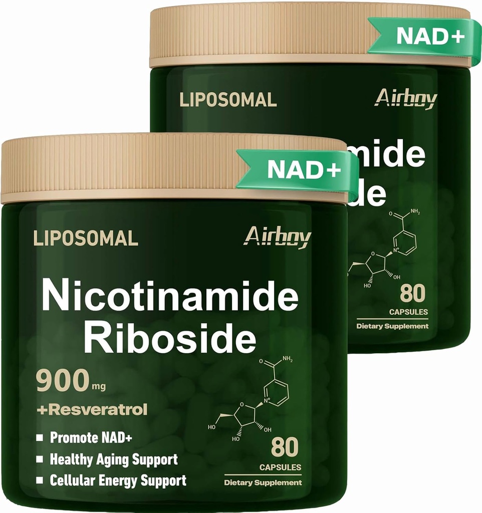 Airboy Lipomal Nicotinamide Riboside 900 mg, NAD Suplemen dengan Resveratrol, NMN Alternatif NAD Booster Dukungan Anti- Aging, Energy, Focus - 80 Capsulesx 2 Pack