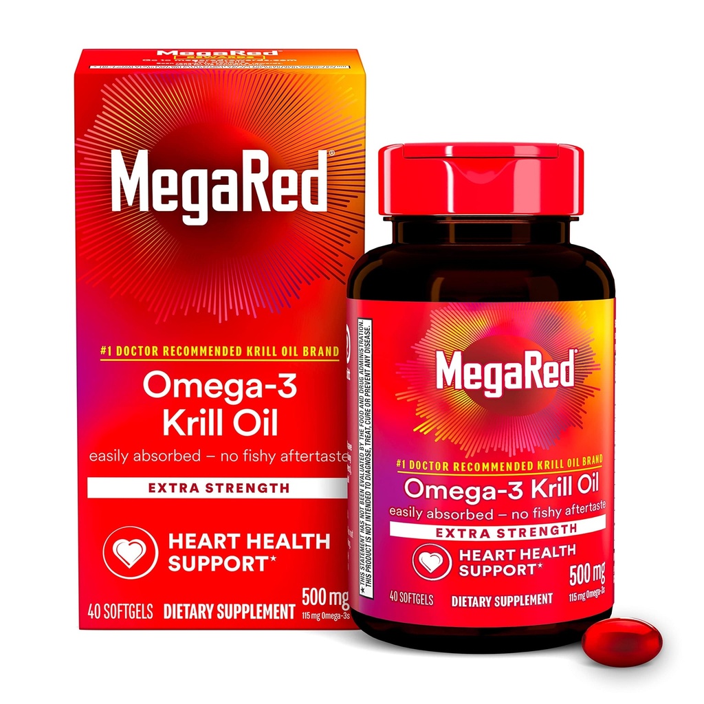 MegaRed Omega-3 Krill Oil 500mg Ekstra softgel (40 Count dalam kotak) - Krill Oil No Fishy Aftertaste