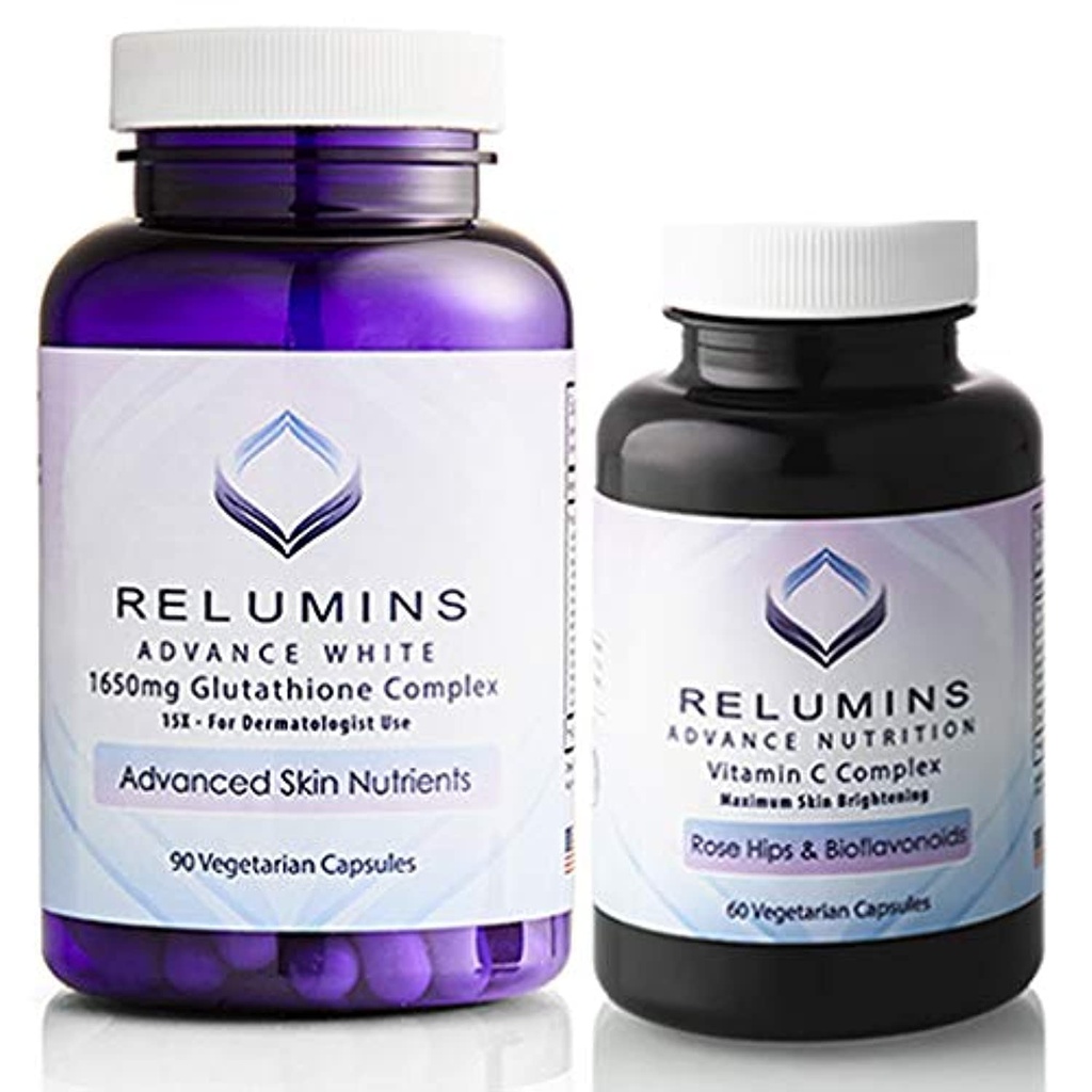 Relokasi Lanjutan White Set - 1650mg Glutathione Kompleks (90 Kapsul) dan Vitamin C Advanced dengan Rose HIPS dan Bioflavonoid (60 Capsules) Bundle