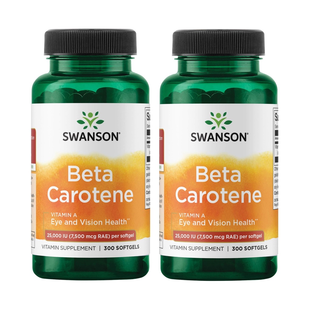 Swanson Beta- Carotene Vitamin A 25000 IU Skin Eye Immune System Health Antioksidant Dukung 7500 mcg 300 Softgels Count (2 Pack)
