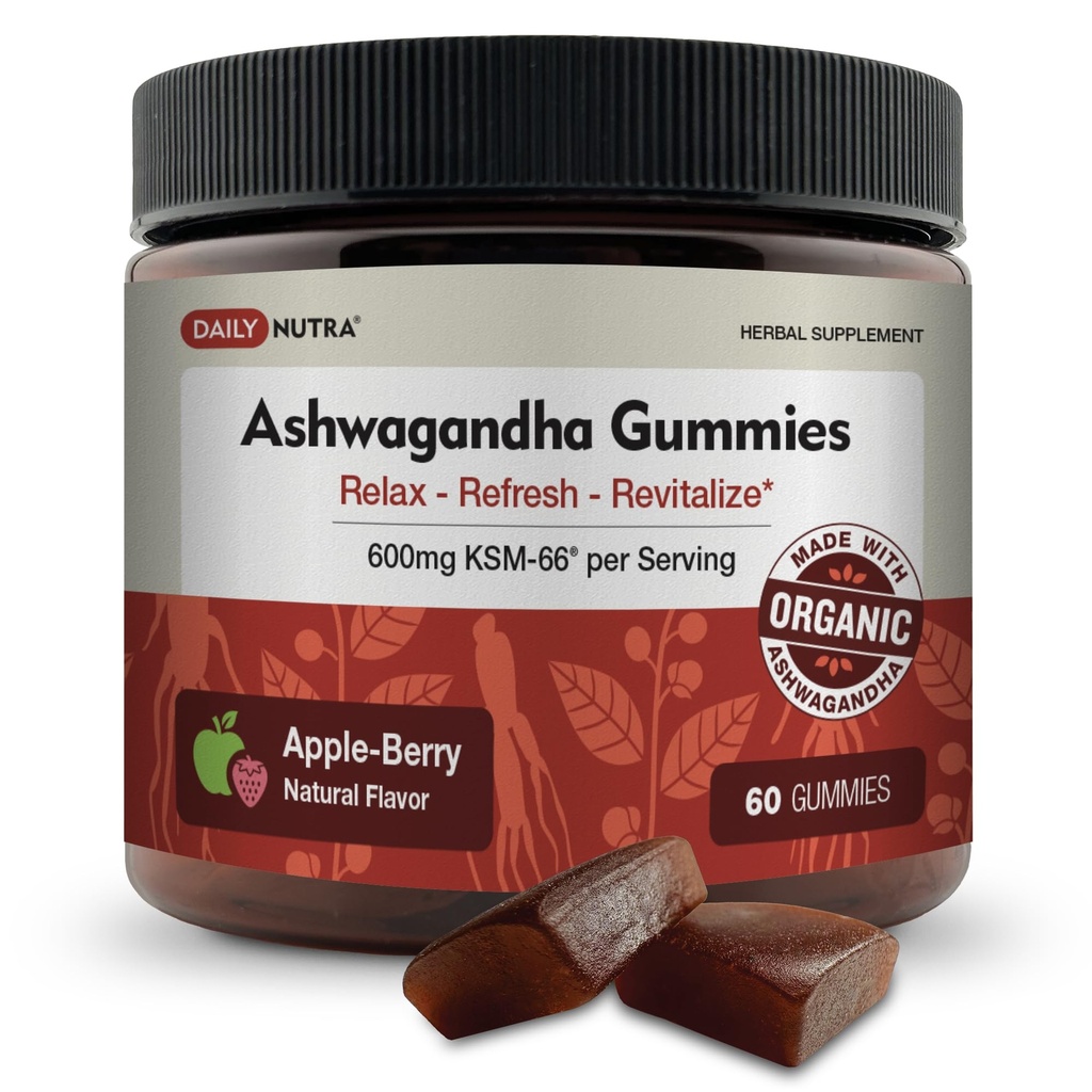 KSM-66 Ashwagandha Gummies - 600mg Root Organik Ekstrak per Serving - Delicious Natural Apple- Berry Flavor 124; Pasokan Relaksasi, Fokus, & Energi (60 Gummies)