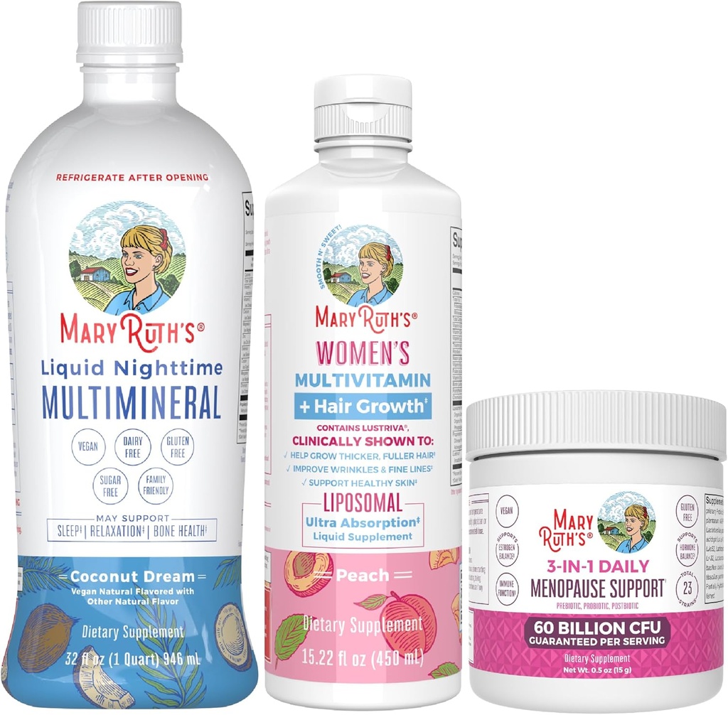 MaryRuth Organics Women MultithinLustriva Pertumbuhan Rambut, Menopause Dukungan, & Daily Liquid Multimineral, 3-Pack Bundle untuk Dukungan Rambut, Kesehatan Skin, Dukungan Imune, Kesehatan Gut, dan Dukungan Tidur