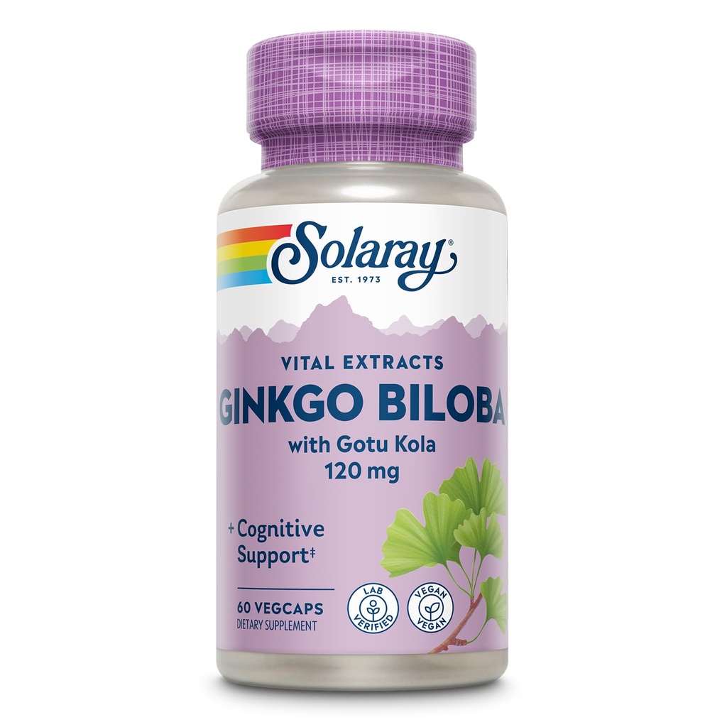 SOLARAY Ginkgo Biloba Extract with Gtu Kola - Ginko Bilbia Kaples for Brain Health Support - Vegan, Lab Verified, 60- Day Garansi - 60 Pelayan, 60 VevCaps (60 VevCaps)